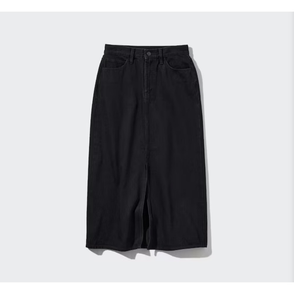 Uniqlo Womens Denim Midi Skirt Black High Waisted Front Slit Boho Western Medium